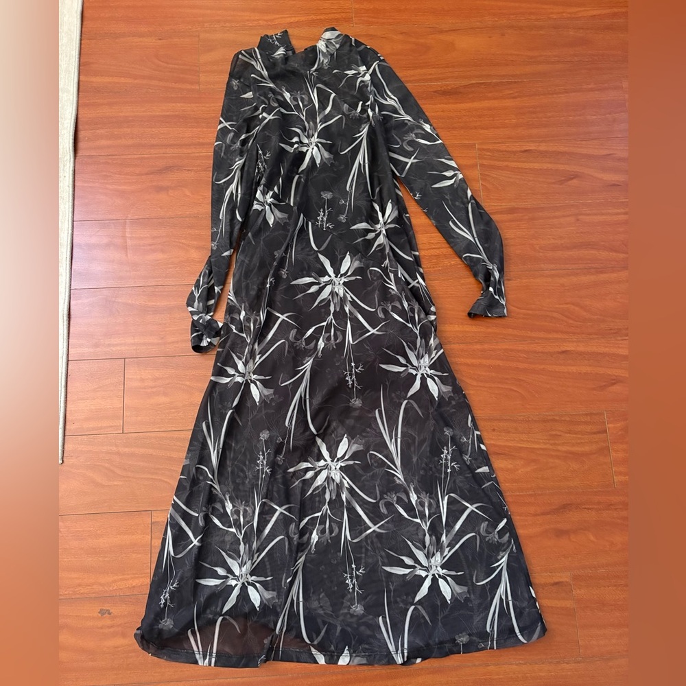 All Saints Black and White Floral Mesh Long Sleeve Dress